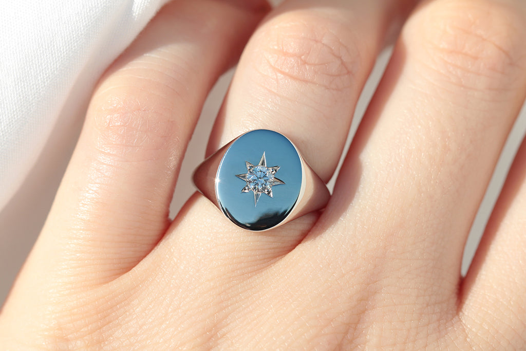 White Gold Star Set Diamond Signet Ring 