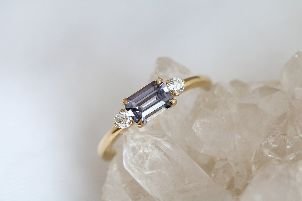 East-West Emerald Cut Lilac Spinel and Diamond Ring