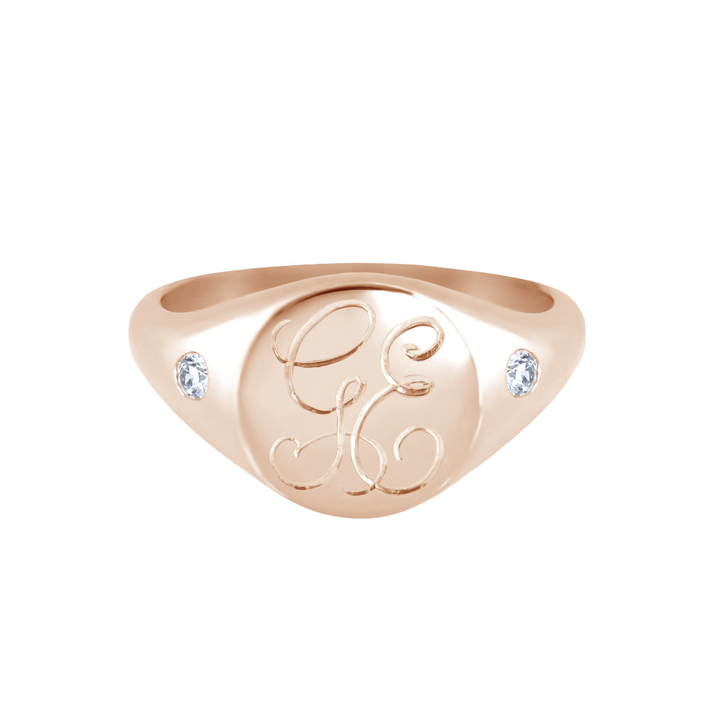 Monogram Round Signet Ring with Side Diamonds Rose Gold