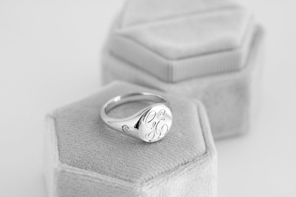 Monogram Round Signet Ring with Side Diamonds Rose Gold