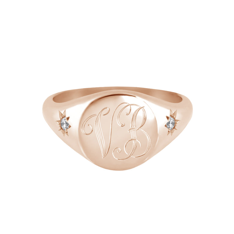 rose gold engraved monogram signet ring with star set diamonds