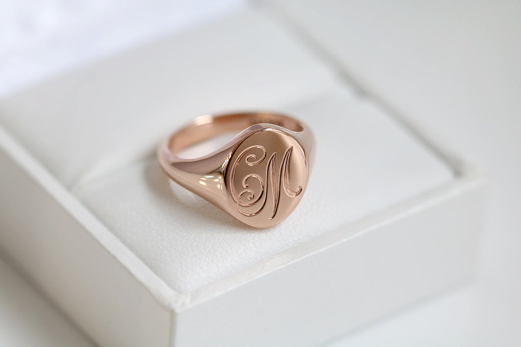 engraved rose gold signet ring