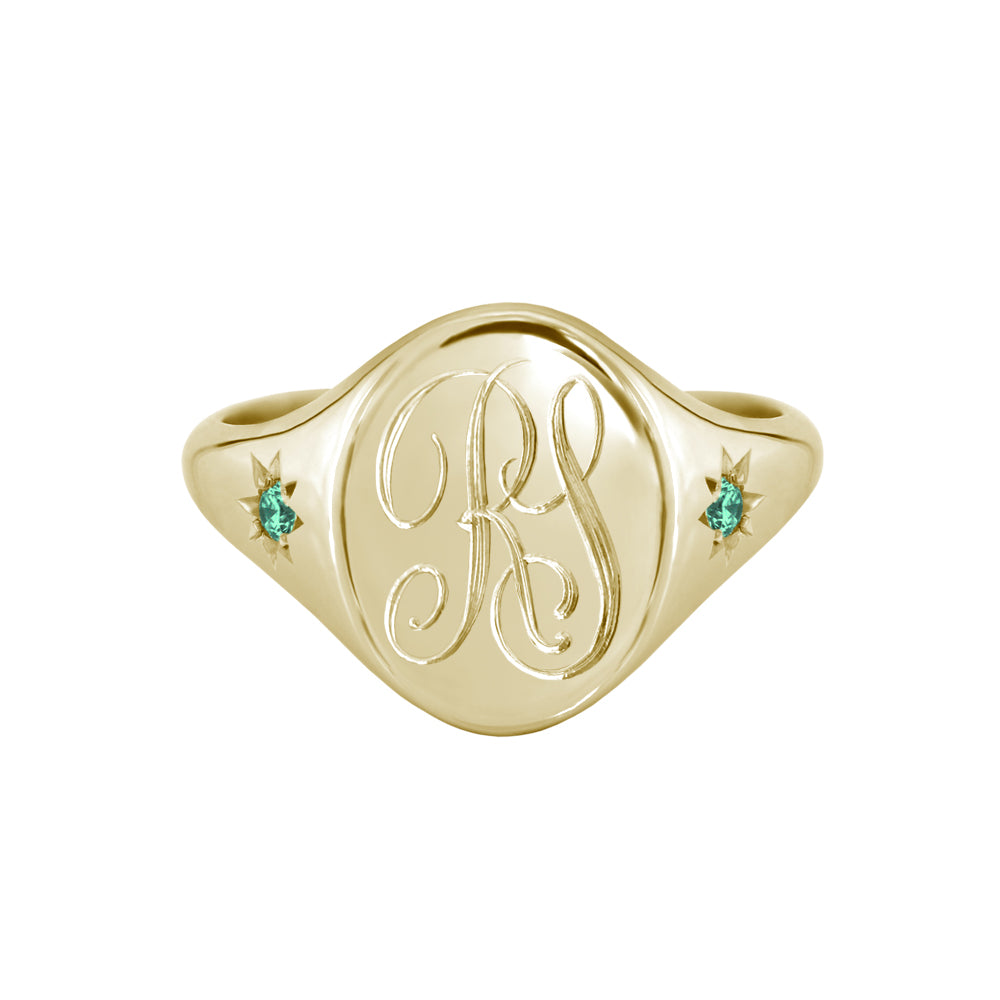 Star Set Emerald Monogram Oval Signet Ring Yellow Gold