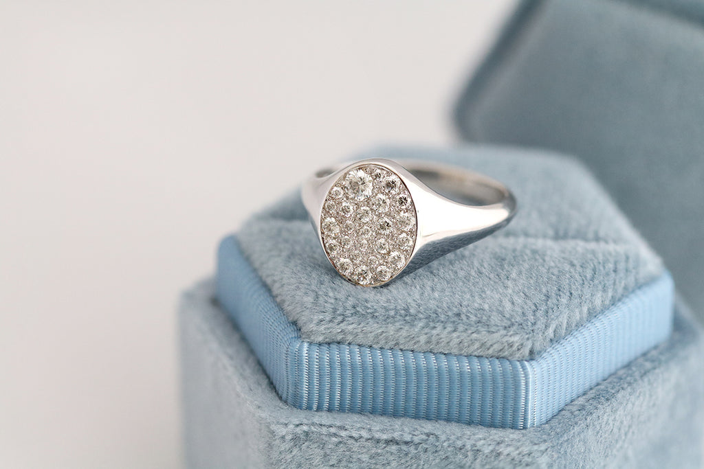 Pave Diamond Oval Signet Ring White Gold
