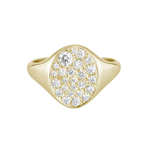 Pave Diamond Oval Signet Ring Yellow Gold