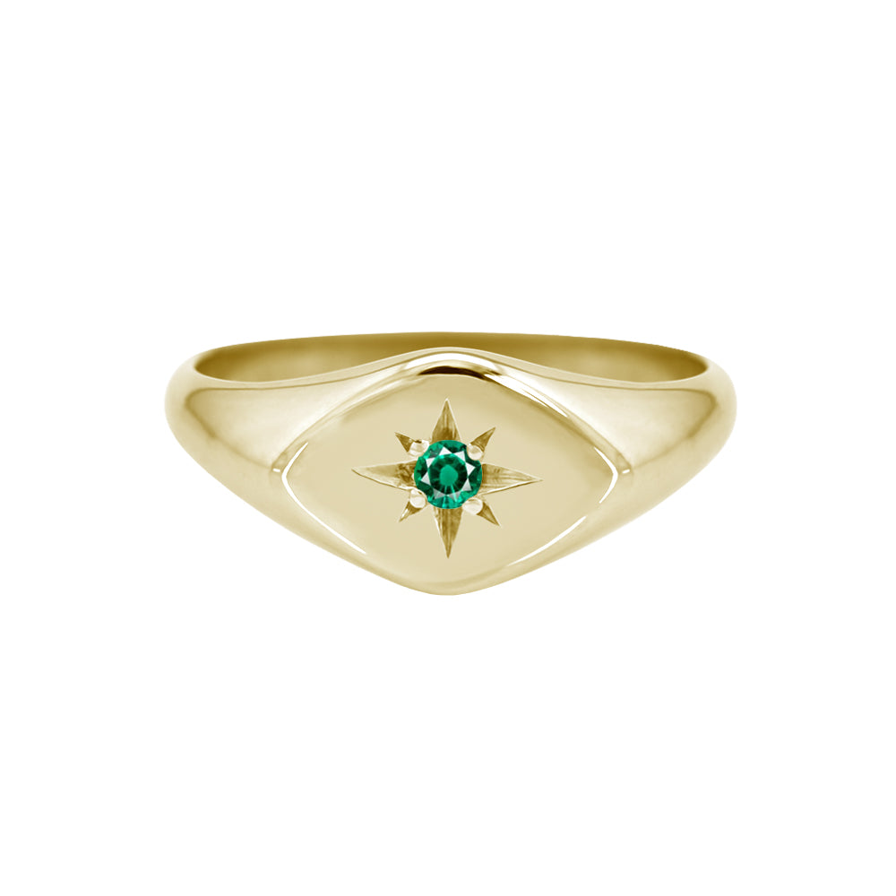 Petite Emerald Signet Ring with Diamond Shaped Face Yellow Gold