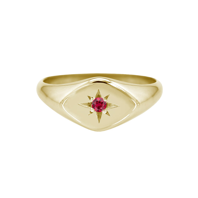 Petite Ruby Signet Ring with Diamond Shaped Face Yellow Gold
