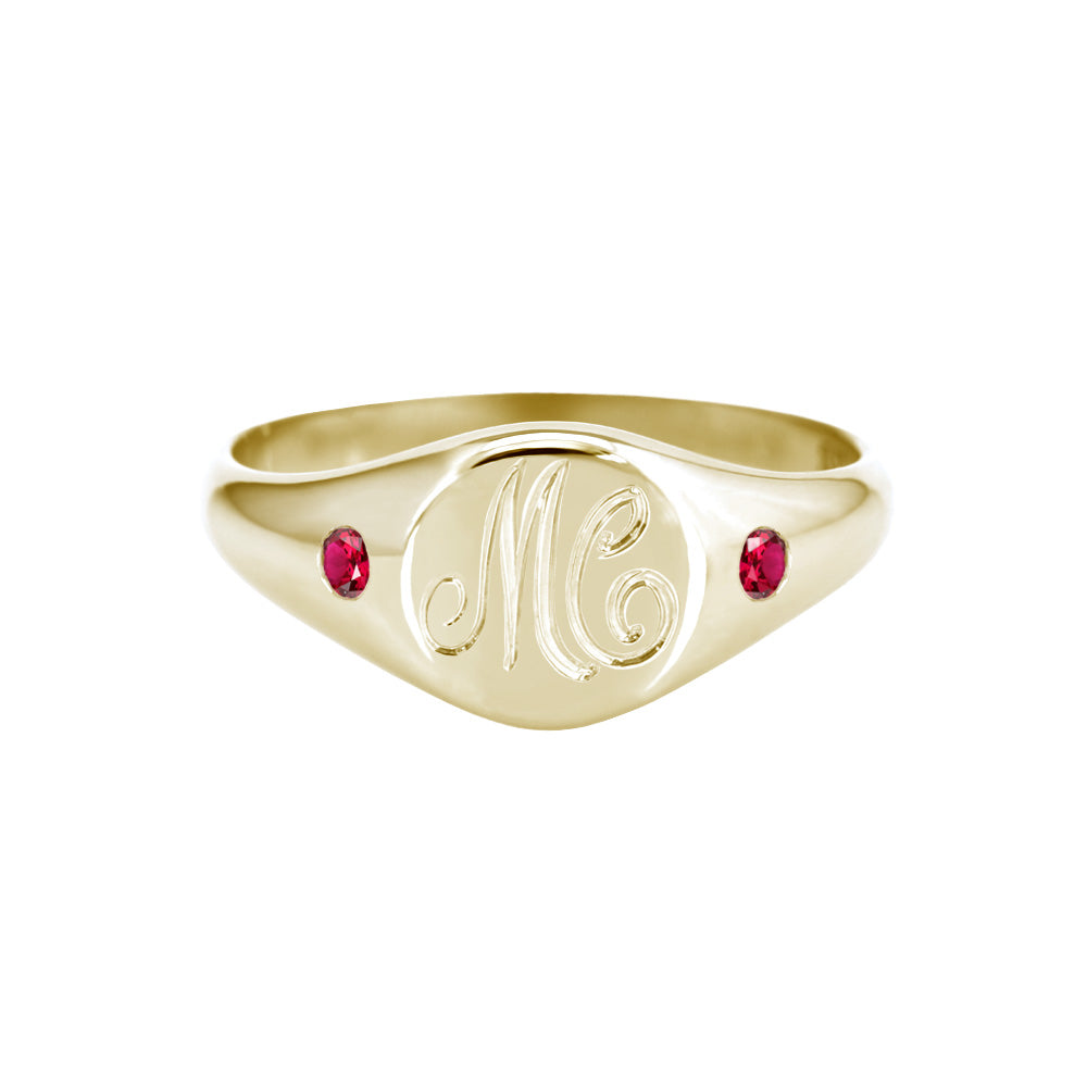 Petite Initial Signet Ring with Side Rubies Yellow Gold