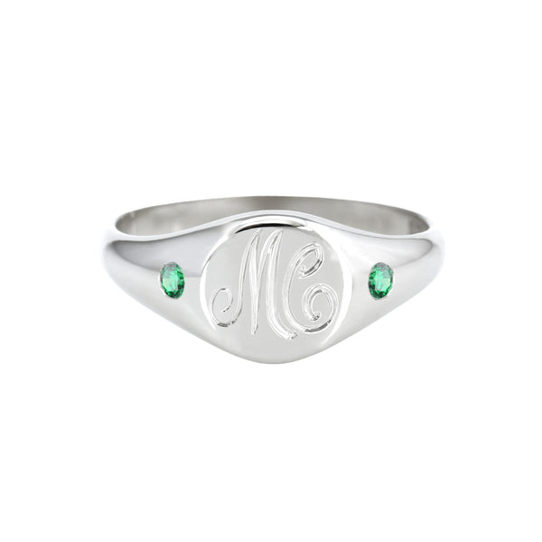 Petite Initial Signet Ring with Side Emeralds White Gold