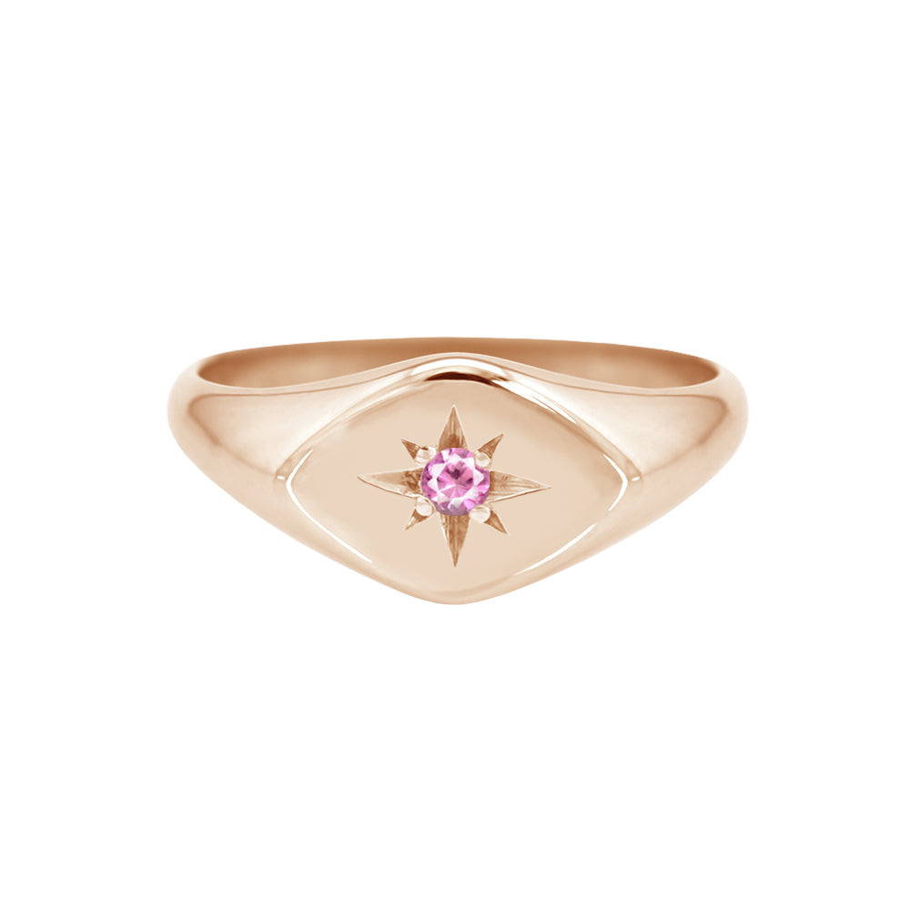 Petite Star Set Pink Sapphire Signet Ring Rose Gold