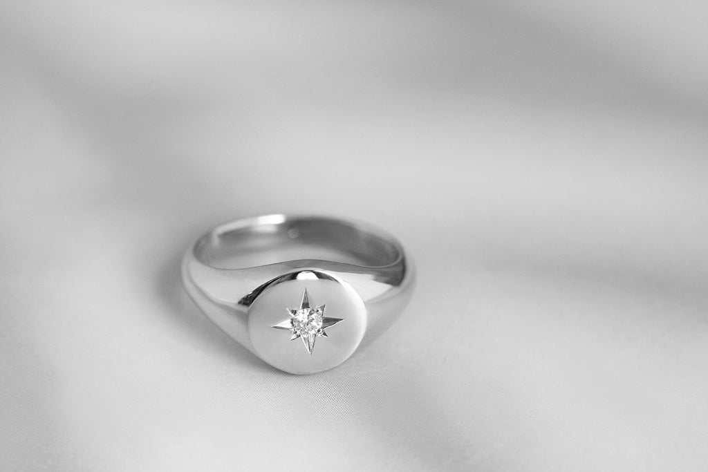 Petite Star Set Diamond Signet Ring