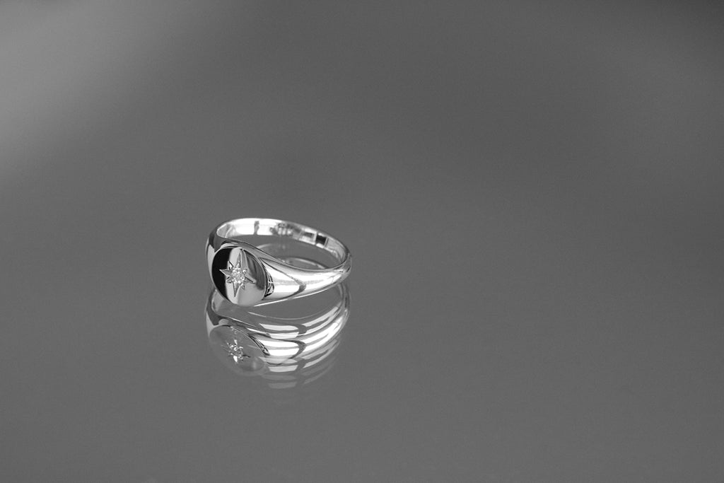 Petite Star Set Diamond Signet Ring White Gold