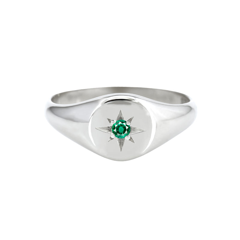 Petite Star Set Emerald Signet Ring White Gold