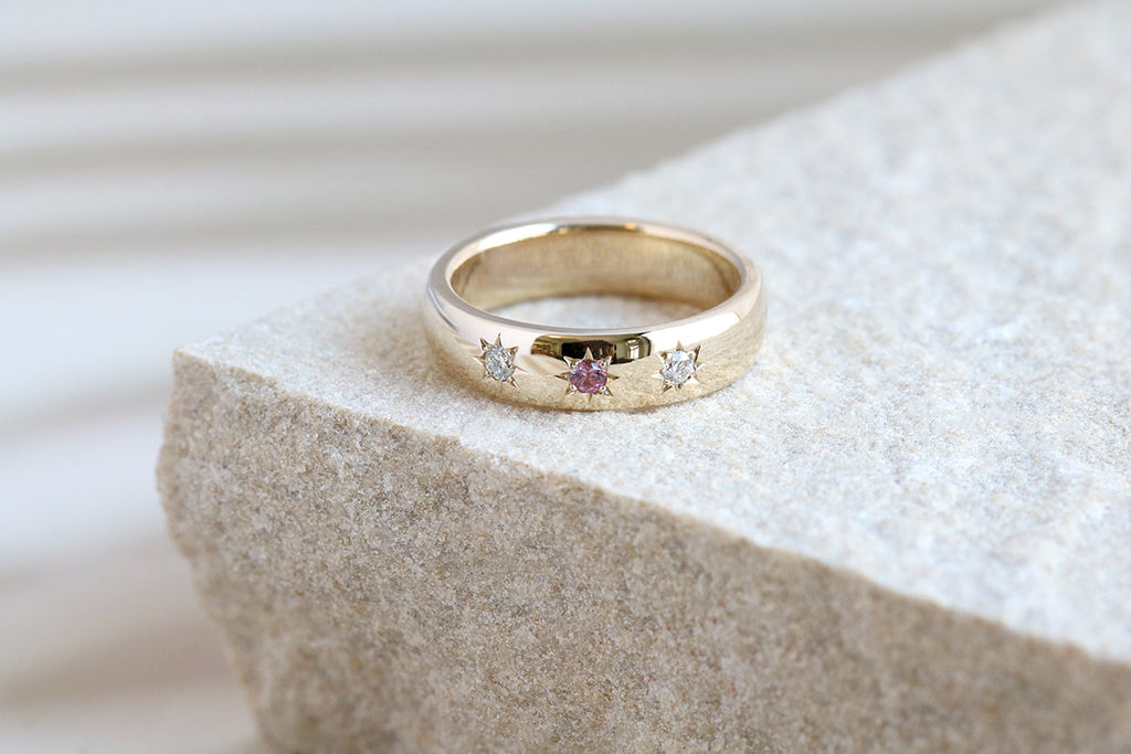 Star Set Pink Sapphire and Diamond Wide Band Ring Yellow