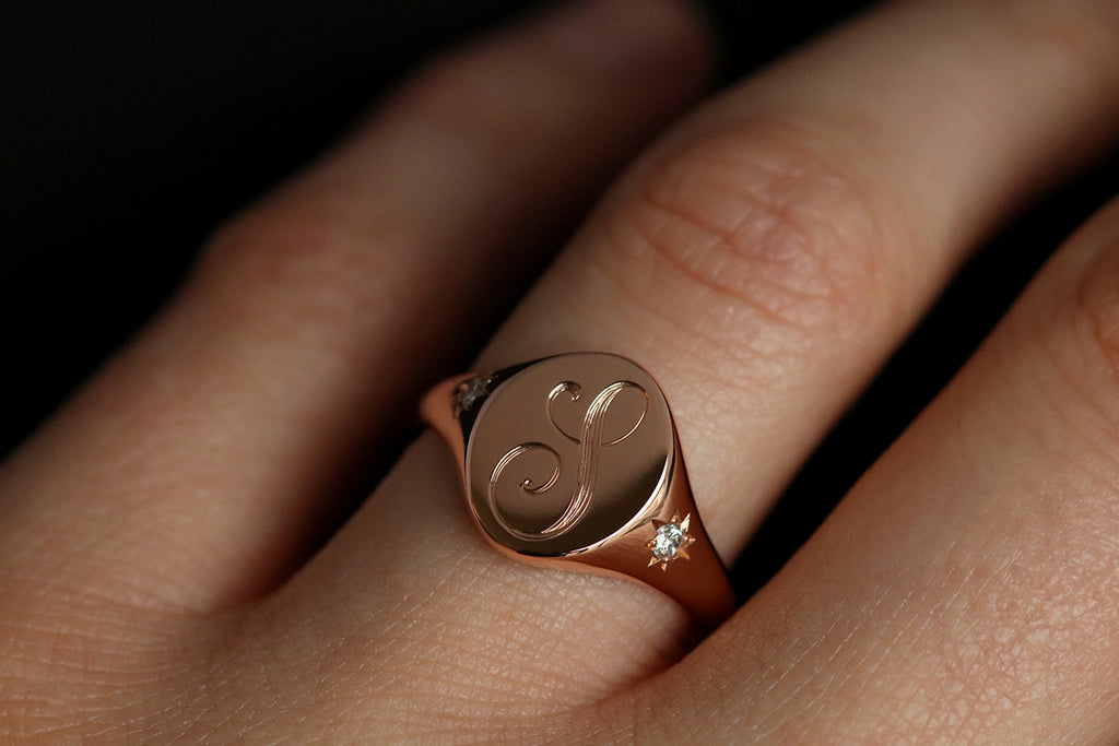 Engraved Signet Ring Rose Gold with Diamonds