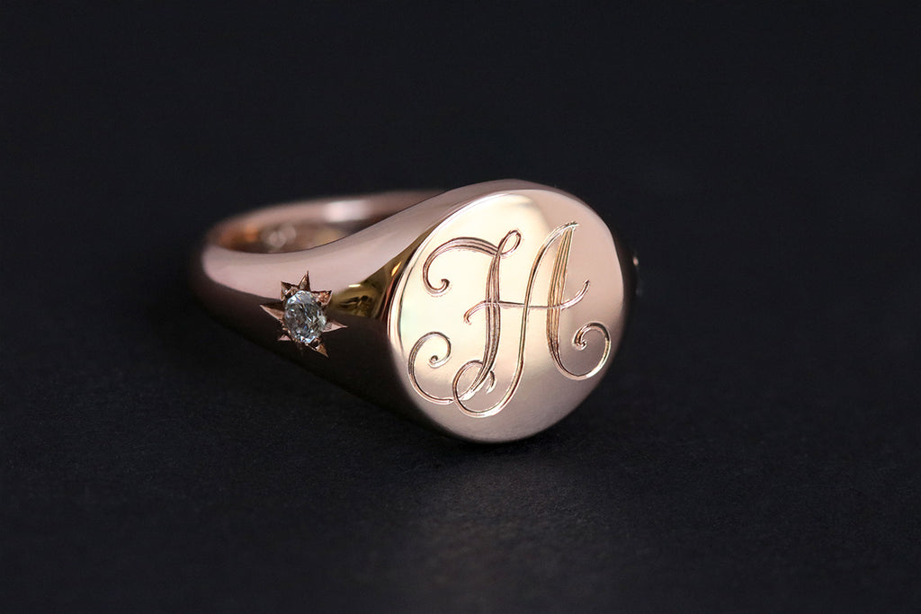 Round Monogram Signet Ring with star set diamonds rose gold