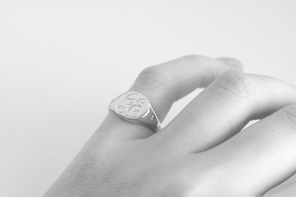 Monogram Round Signet Ring with Side Diamonds White Gold