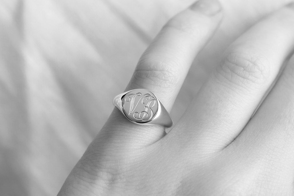 monogrammed signet ring with script engraving