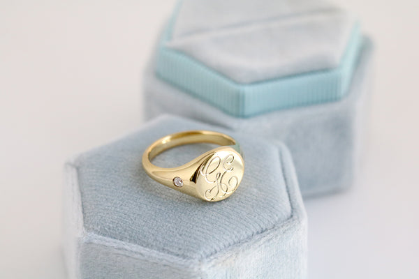 Monogram Round Signet Ring with Side Diamonds Yellow Gold