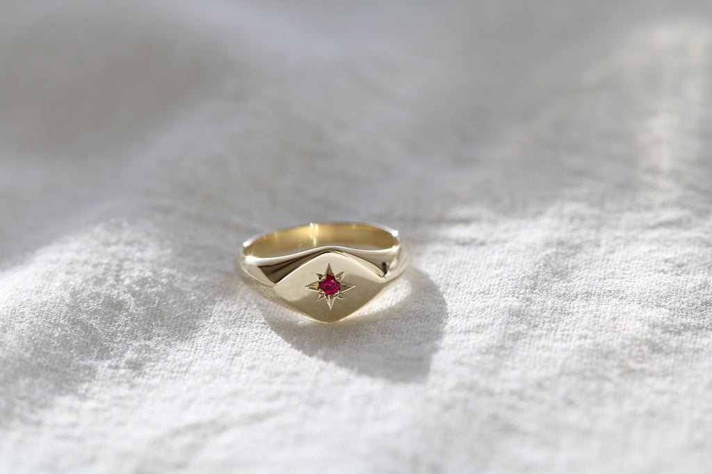 Petite Ruby Signet Ring with Diamond Shaped Face Yellow Gold