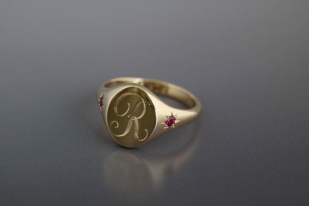 engraved signet ring with rubies