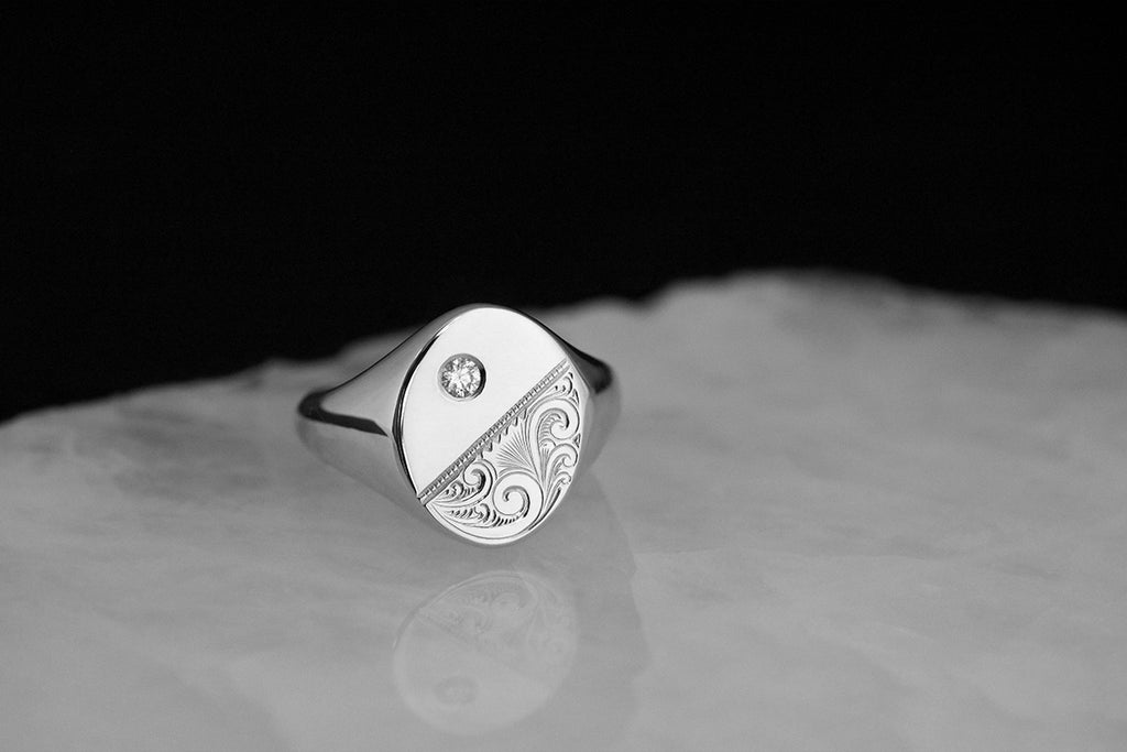 Scrollwork Engraved Signet Ring with Diamond White Gold