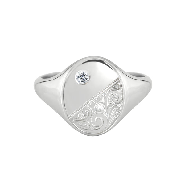 Scrollwork Engraved Signet Ring with Diamond White Gold