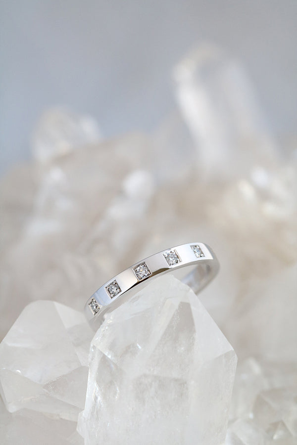 Square Band Ring with Spaced out Diamonds White Gold