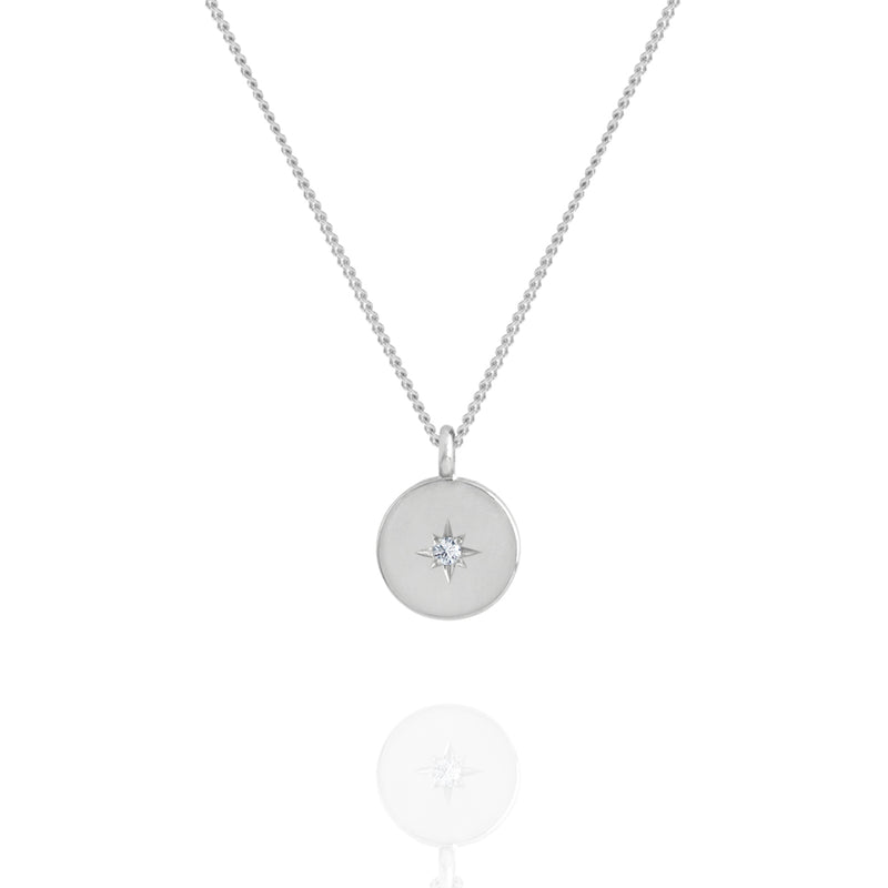 star set diamond disc necklace white gold