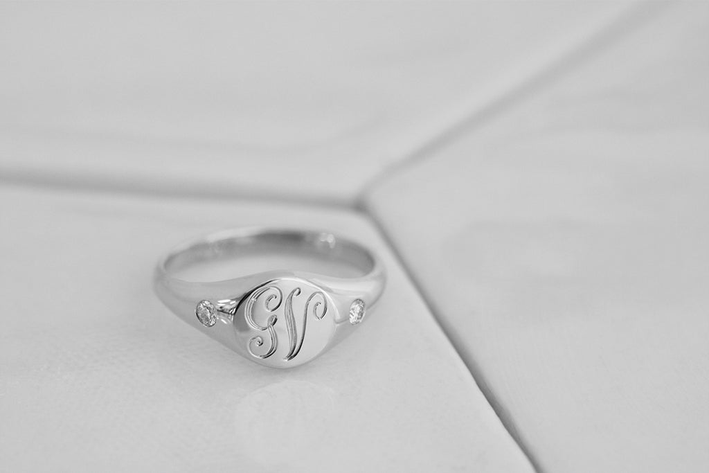 Petite Initial Signet Ring with Side Diamonds Rose Gold