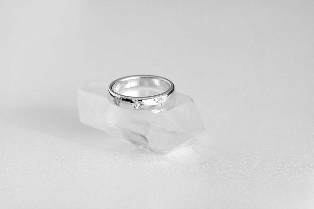 Star Set Diamond 3.5mm Wide Band Ring White Gold
