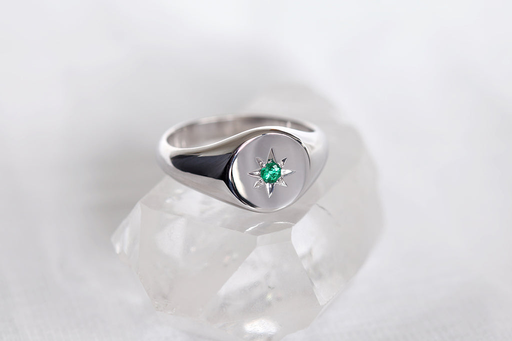 Petite Star Set Emerald Signet Ring White Gold