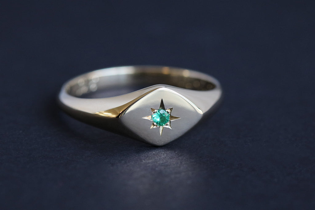 Petite Emerald Signet Ring with Diamond Shaped Face Yellow Gold