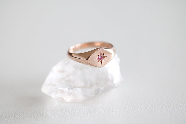 Petite Star Set Pink Sapphire Signet Ring Rose Gold