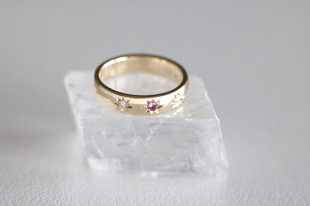 Star Set Pink Sapphire and Diamond 4.5mm Wide Band Ring Yellow Gold