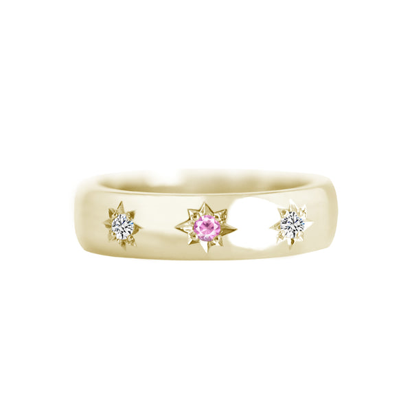 Star Set Pink Sapphire and Diamond 4.5mm Wide Band Ring Yellow Gold