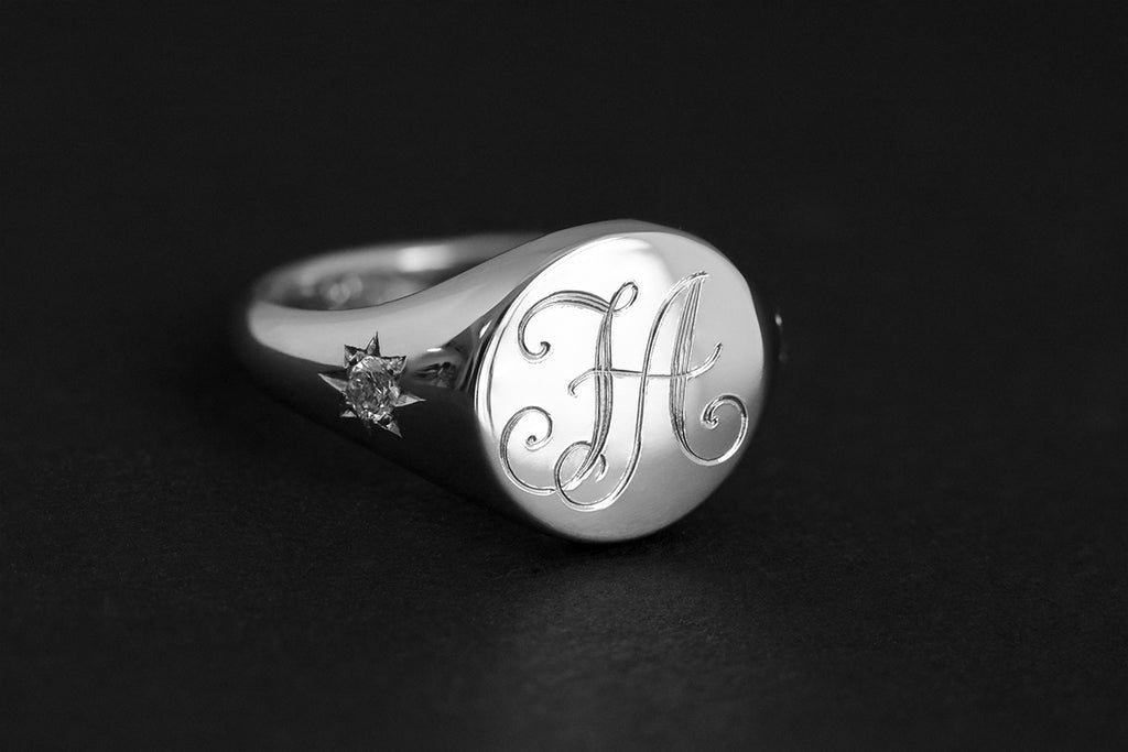Star Set Round Monogram Signet Ring