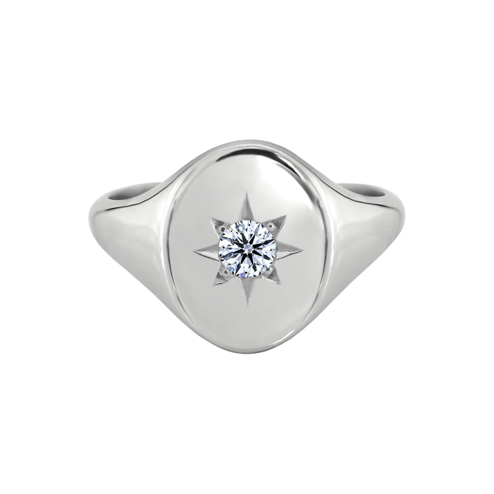 Star Set Signet Ring White Gold