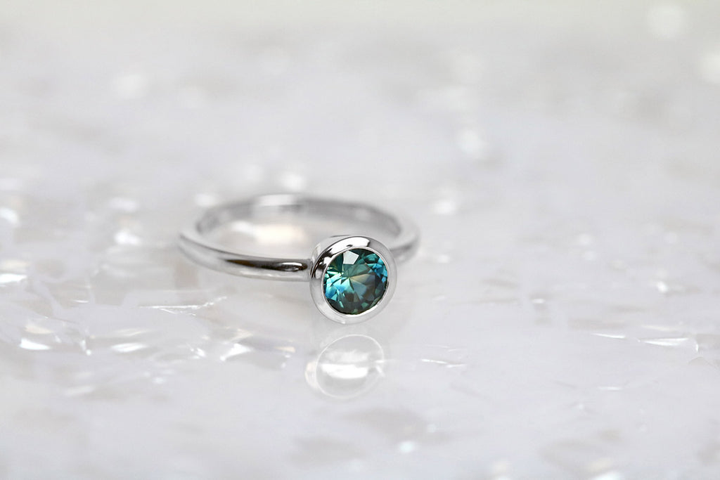 parti sapphire ring bezel set in white gold