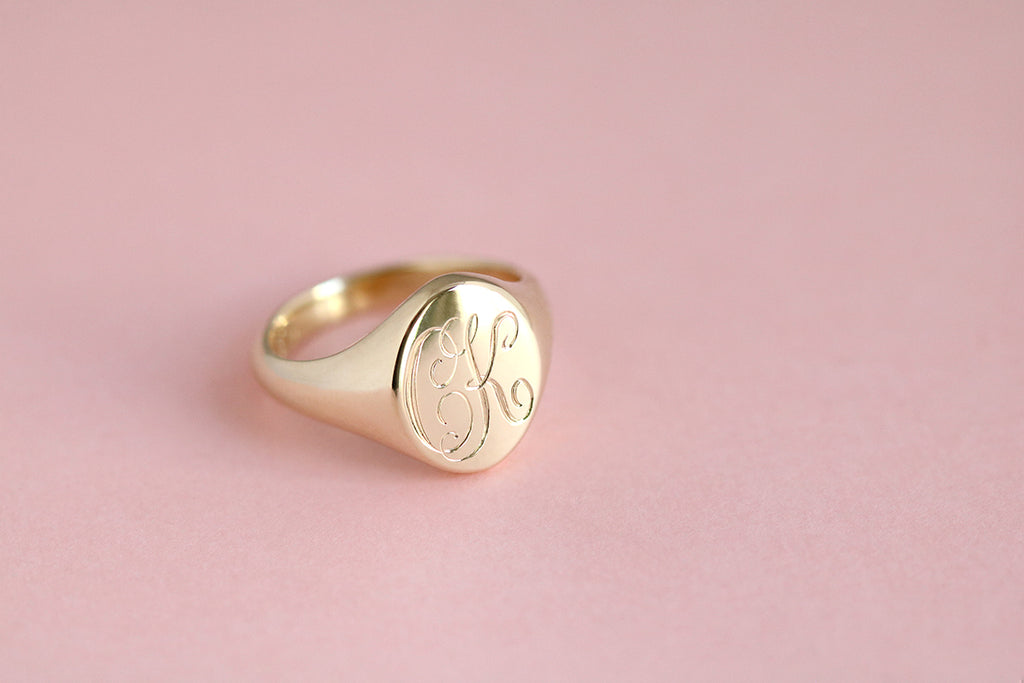 Monogram Oval Signet Ring Yellow Gold | Scarlett Jewellery Label